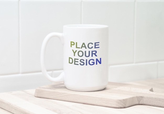 A white mug PSD mockup template design on the table