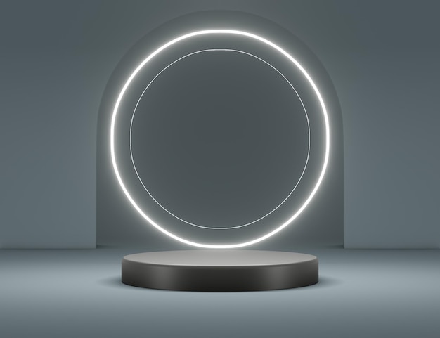 플라이어 디스플레이 제품 및 화장품 광고 3d를 위한 연단 장면이 있는 흰색 네온 불빛