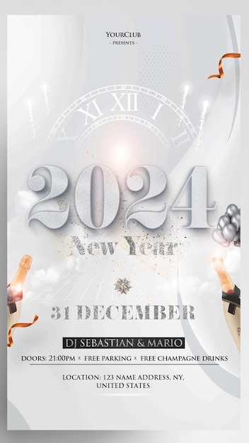 PSD white new years eve 2024 instagram story flyer