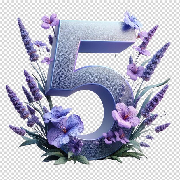 PSD a white number 5 is shown in a picture with purple flowers