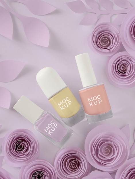 PSD white paper flowers design with nail polish mockup