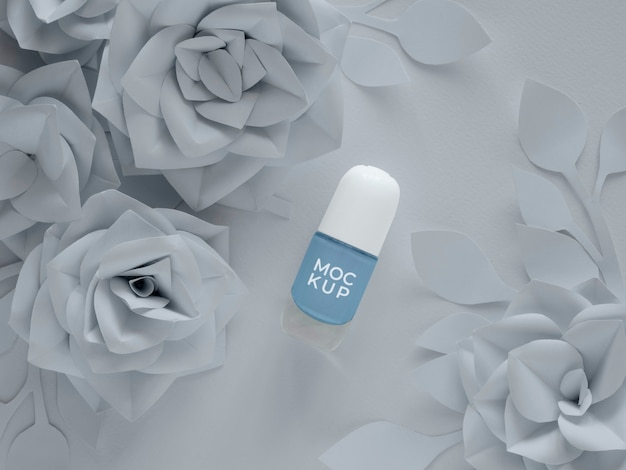 PSD white paper flowers design with nail polish mockup