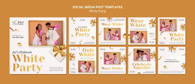 White party instagram posts collectie met gouden geschenk en lint