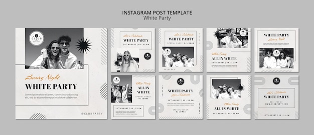 PSD collezione di post di instagram per feste bianche con design monocromatico