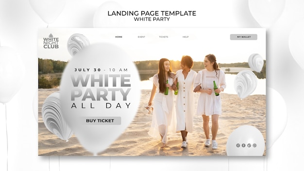 PSD white party landing page template with balloons