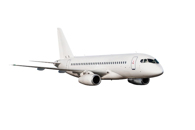 PSD a white passenger aircraft fly isolated