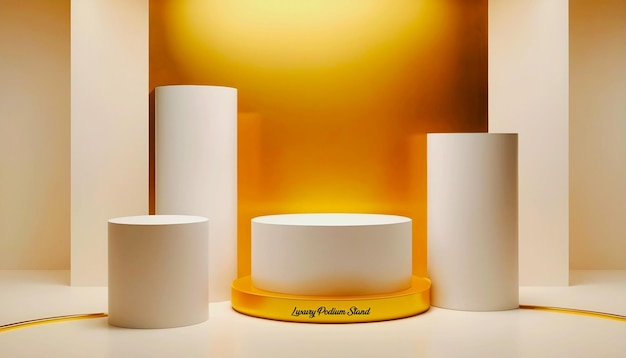 PSD white pedestal paper podium 3d cylinder product presentation stand mockup on golden backdrop