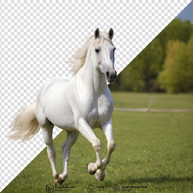 PSD white pedigreed horse galloping in a pasture isolated