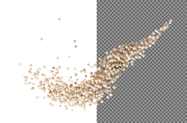White Pepper seeds fly explosion white Pepper float explode abstract cloud fly Peppercorn splash throwing in Air White background Isolated high speed shutter freeze motion