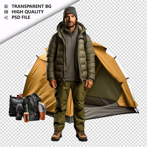 PSD white person camping ultra realistic style white backgrou