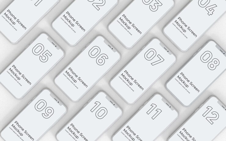 White phone screens mockup top view