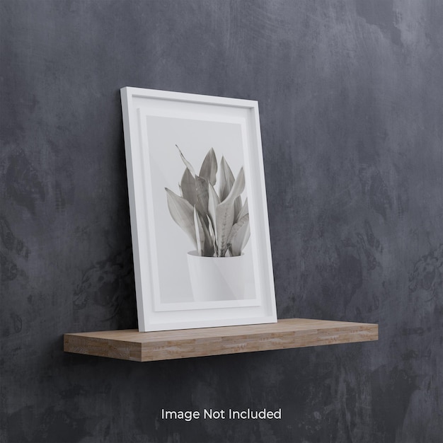 White photo frame mockup on wooden shelf