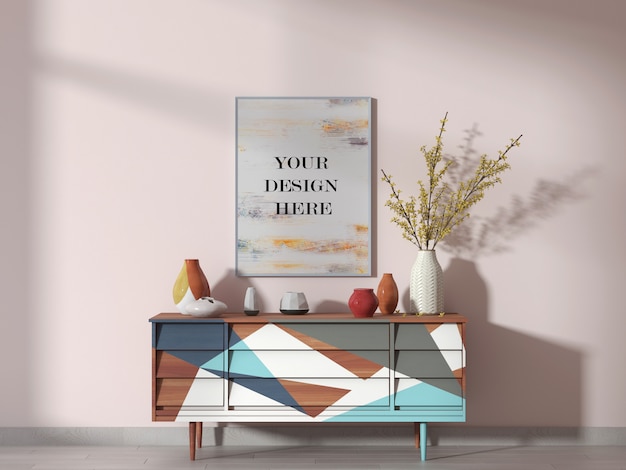 White picture frame mockup on pink wall in bright room with sideboard