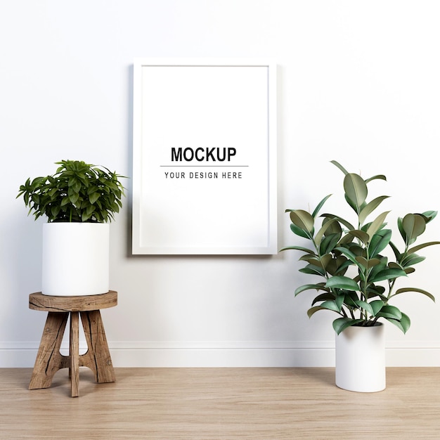 White picture frame and plants mockup design in 3d rendering