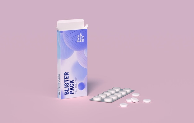 Белые таблетки в блистерной упаковке в картонной упаковке макет шаблона 3d-рендеринга