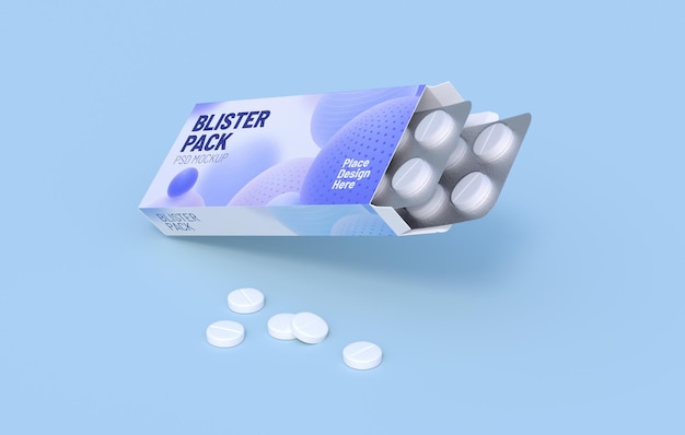 White pills in two blister packs in cardbox packaging Mockup template 3d rendering