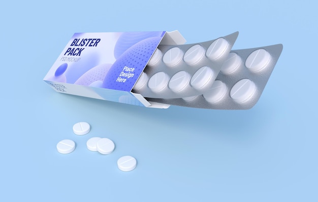 Белые таблетки в двух блистерных упаковках в картонной упаковке Макет шаблона 3d-рендеринга