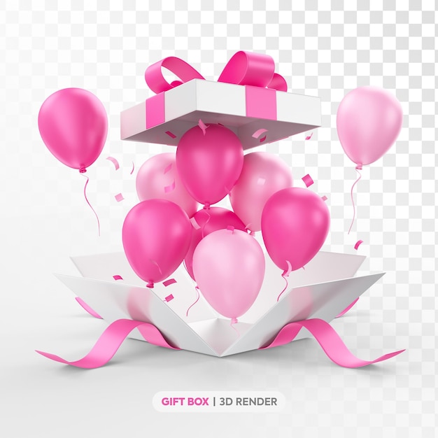 Scatola regalo bianca e rosa rendering 3d con palloncini