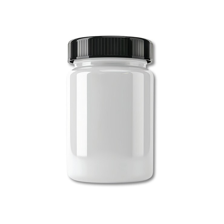 PSD white plastic supplement jar with black lid isolated on transparent background