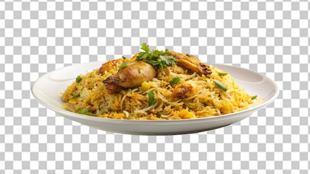 PSD piatta bianca di biryani di pollo isolata su uno sfondo trasparente