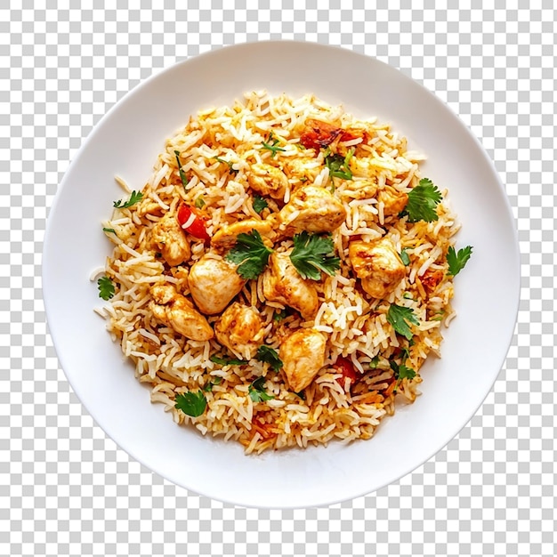 White plate of chicken biryani top view isolated on transparent background