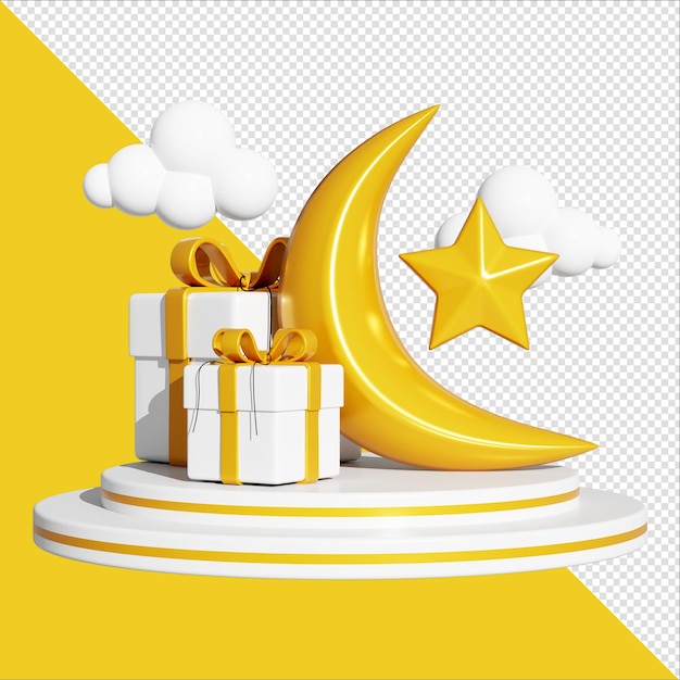 White podium with moon and gift box 3d render