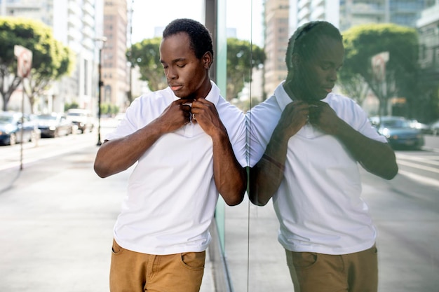 white polo shirt mockup psd street style menswear fashion apparel shoot