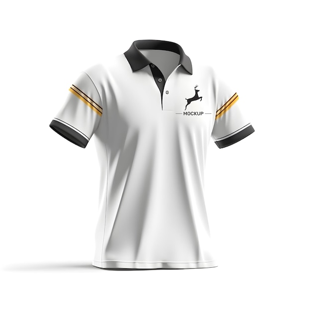 A white polo shirt with a black and orange logo on it.