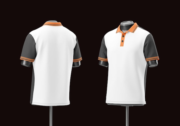 white polo shirt with orange collar and black sleeves on a mannequin