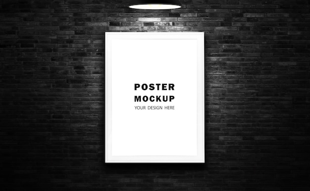 PSD white poster mockup on black dark room wall