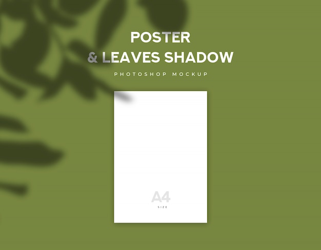 PSD white poster paper or flyer a4 size and leaves shadow on olive green background