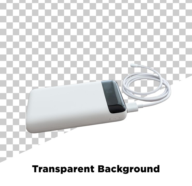 PSD white power bank with cable on transparent background