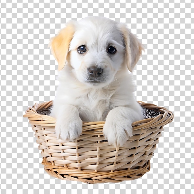 PSD white puppy in a basket isolated on transparent background