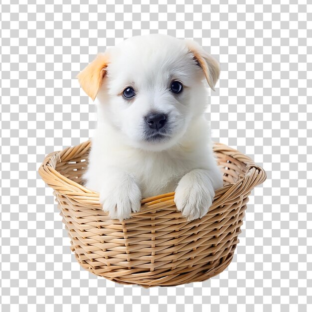 PSD white puppy in a basket isolated on transparent background