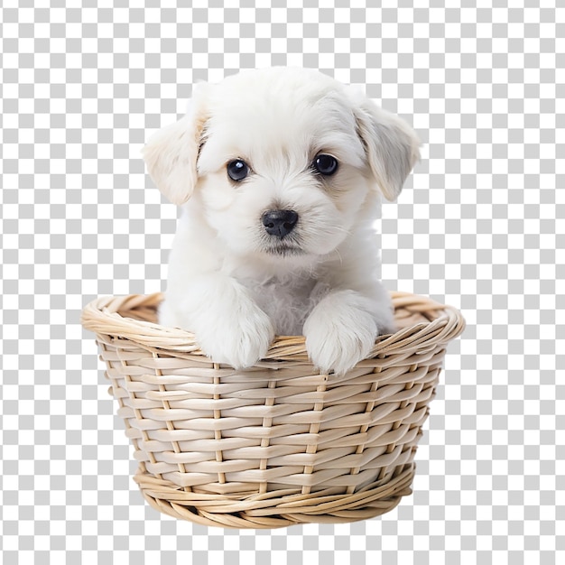 PSD white puppy in a basket isolated on transparent background