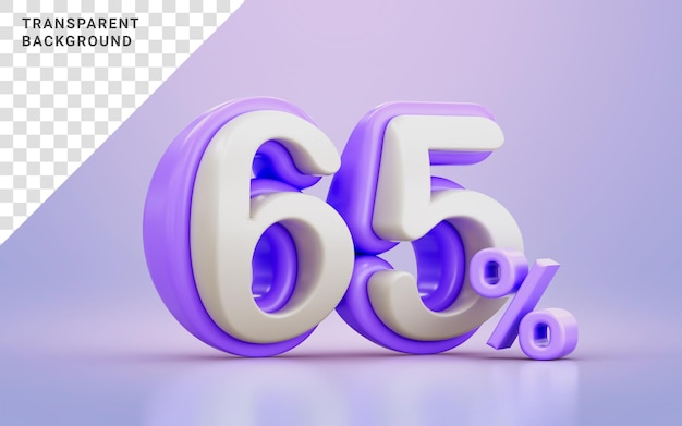 White and purple cartoon look 65 percentage promotional discount number symbol 3d render concept