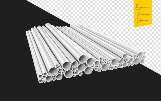 White PVC Pipes Set Of Different Diameters Plumbing Concept On Black Background 3D Illustration