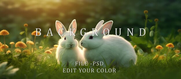 PSD a white rabbit on flowering green grass at sunrise