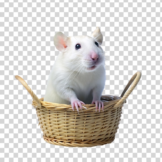 Белая крыса в корзине, изолированная на прозрачном фоне