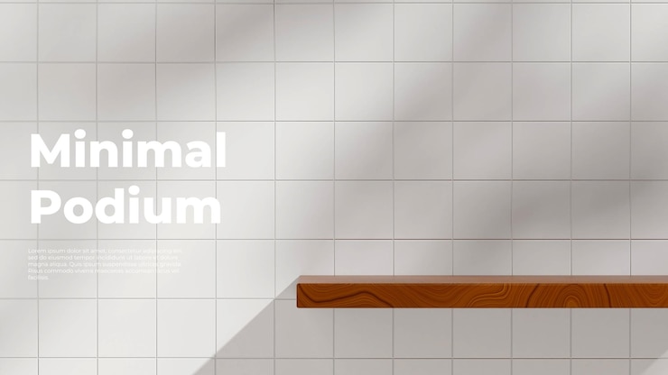 PSD white rectangle tile wall, 3d rendering mockup scene of wood texture podium in landscape