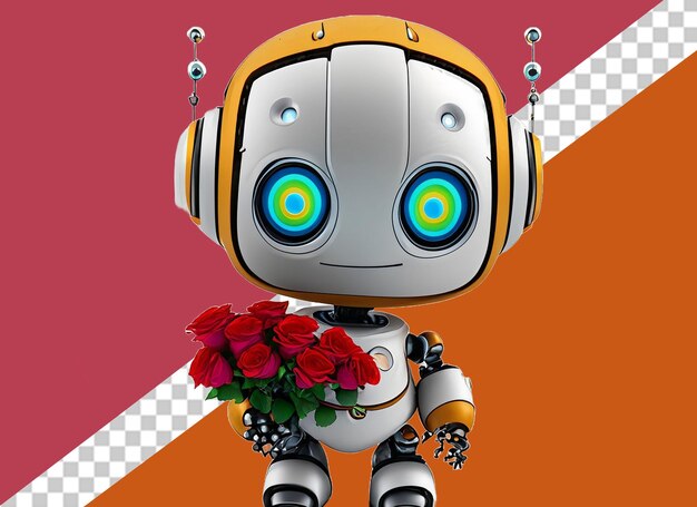 PSD robot bianco che tiene torta e fiori