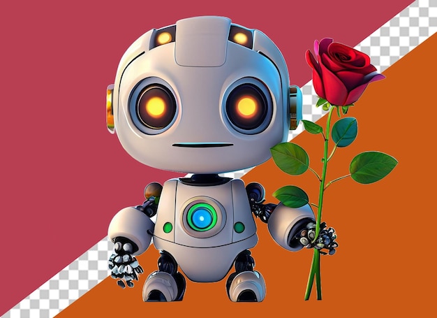 PSD white robot holding cake and flowers