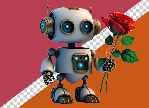 PSD white robot holding cake and flowers