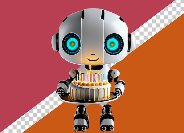 White robot holding cake and flowers