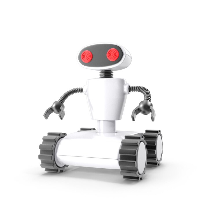 PSD white robot on treads with red eyes side view