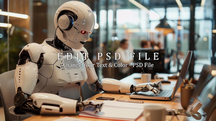 PSD a white robot works at a desk in an office