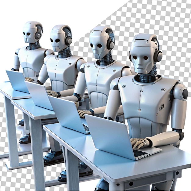 white robots using headset and computers isolated png