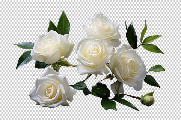 PSD white roses bouquet of garden flowers floral arrangement isolated on transparent background