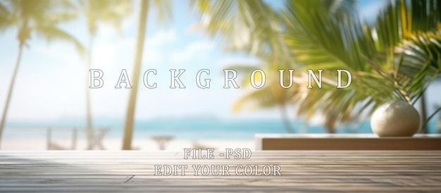 PSD terrazza in legno a spiaggia di sabbia bianca blur spiaggia tropicale bokeh sole e palme in foto caffè.