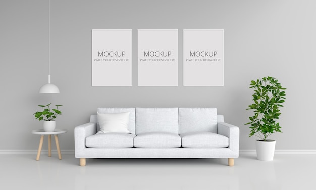 White sofa in gray living room with frames mockup